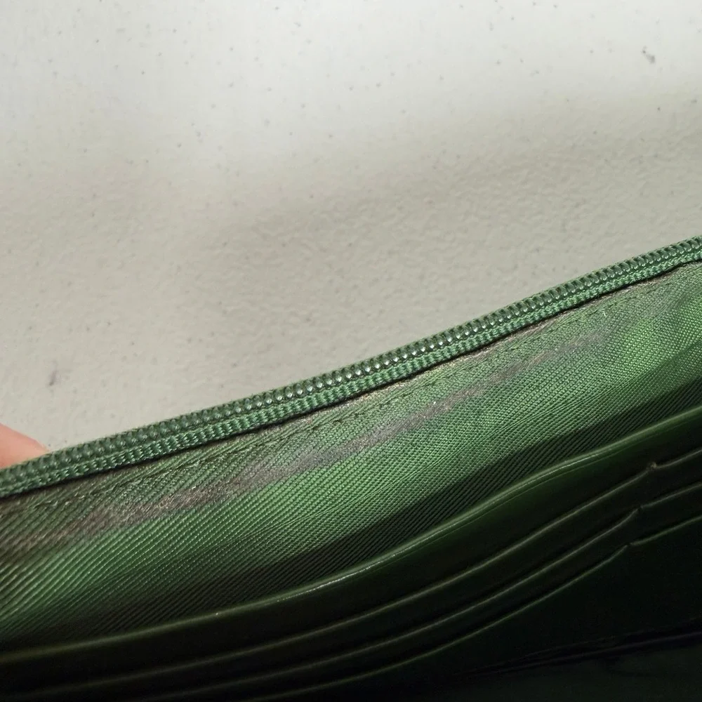 Boho Green Genuine Leather Patchwork Zip Clutch Wallet Slim Bell Charm